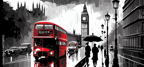 Oil painting on canvas, street view of london in black and white with a red bus artwork