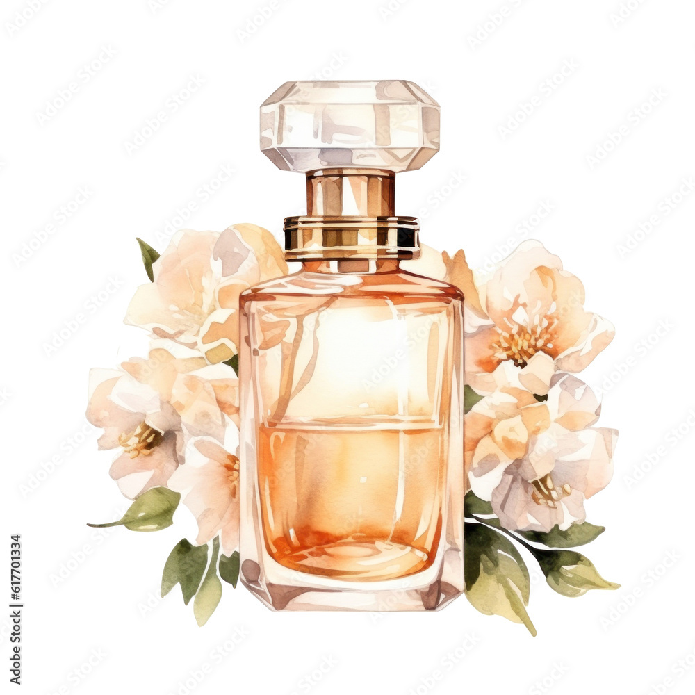Watercolor perfume with flowers. Illustration AI Generative. - obrazy, fototapety, plakaty 