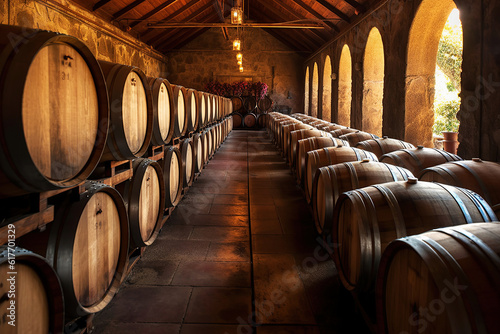 Long rows of oak wine barrels at the winery, on the street in the courtyard of the house. Generative AI illustration.
