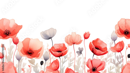 Poppy flowers watercolor border. Illustration AI Generative.