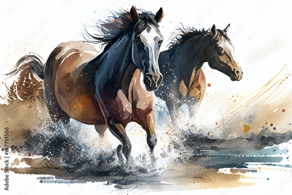 Fototapeta Watercolour abstract animal painting of brown horses running through a river which could be used as an equine poster or flyer, computer Generative AI stock illustration image