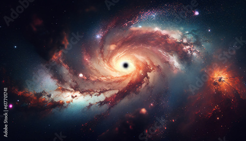 Black hole background in a galaxy supernova nebular of the universe with celestial stars in the night sky during a cosmic event forming spiral arms  computer Generative AI stock illustration image