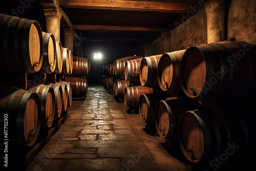 Long rows of oak wine barrels in the winery's cellar to the south. Generative AI illustration.