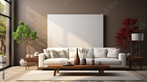 Modern interior design of living room with white sofa, coffee table, soft stucco wall. Created with generative AI.