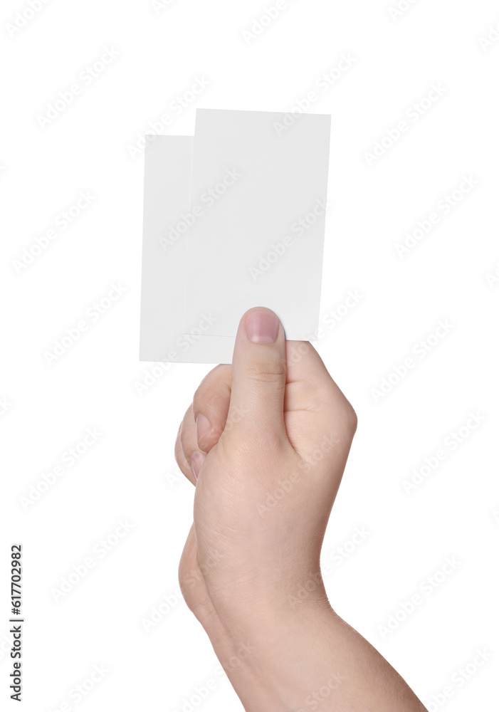 Woman holding paper cards on white background, closeup. Mockup for design Woman holding paper cards on white background, closeup. Mockup for design