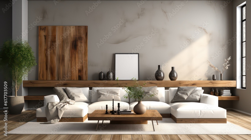 Modern interior design of living room with white sofa, coffee table, soft stucco wall. Created with generative AI. Modern interior design of living room with white sofa, coffee table, soft stucco wall. Created with generative AI.