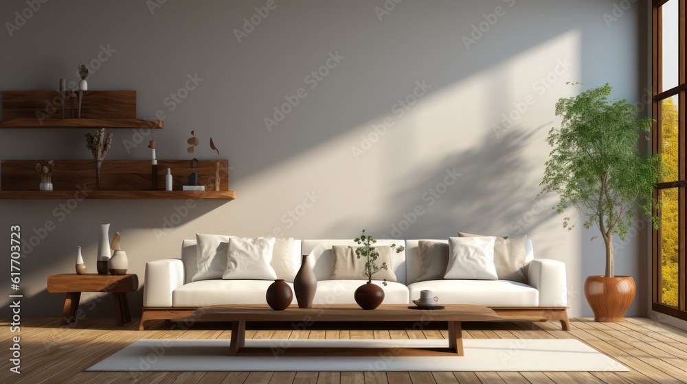 Fototapeta premium Modern interior design of living room with white sofa, coffee table, soft stucco wall. Created with generative AI.