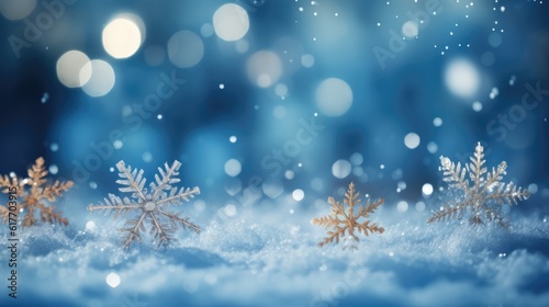 Blurred blue snow scene, blue glitter texture christmas with light snow background © lin