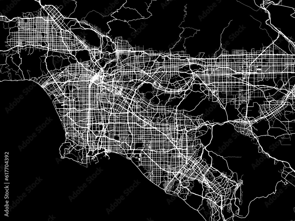 Obraz premium Vector road map of the city of Los Angeles California in the United States of America with white roads on a black background.