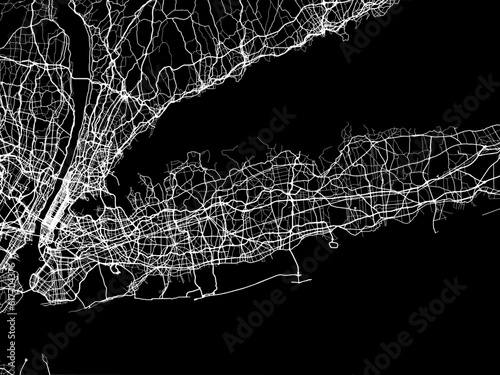 Vector road map of the city of Long Island New York in the United States of America with white roads on a black background.