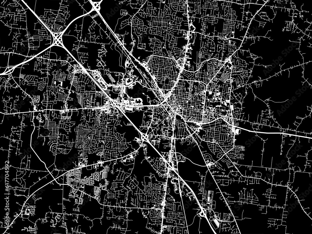 Vector road map of the city of  Murfreesboro Tennessee in the United States of America with white roads on a black background.