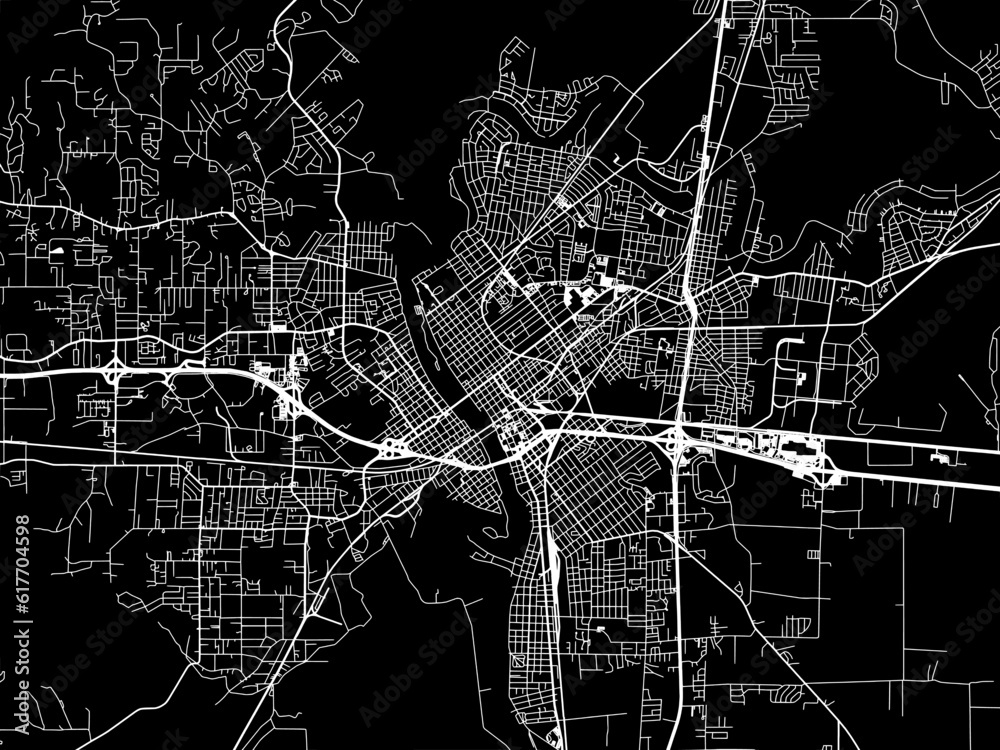 Vector road map of the city of  Monroe Louisiana in the United States of America with white roads on a black background.