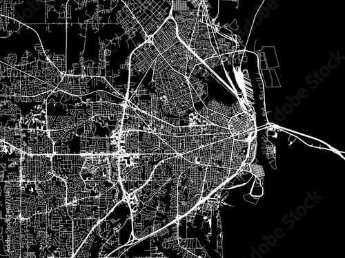 Vector road map of the city of Mobile Alabama in the United States of America with white roads on a black background.