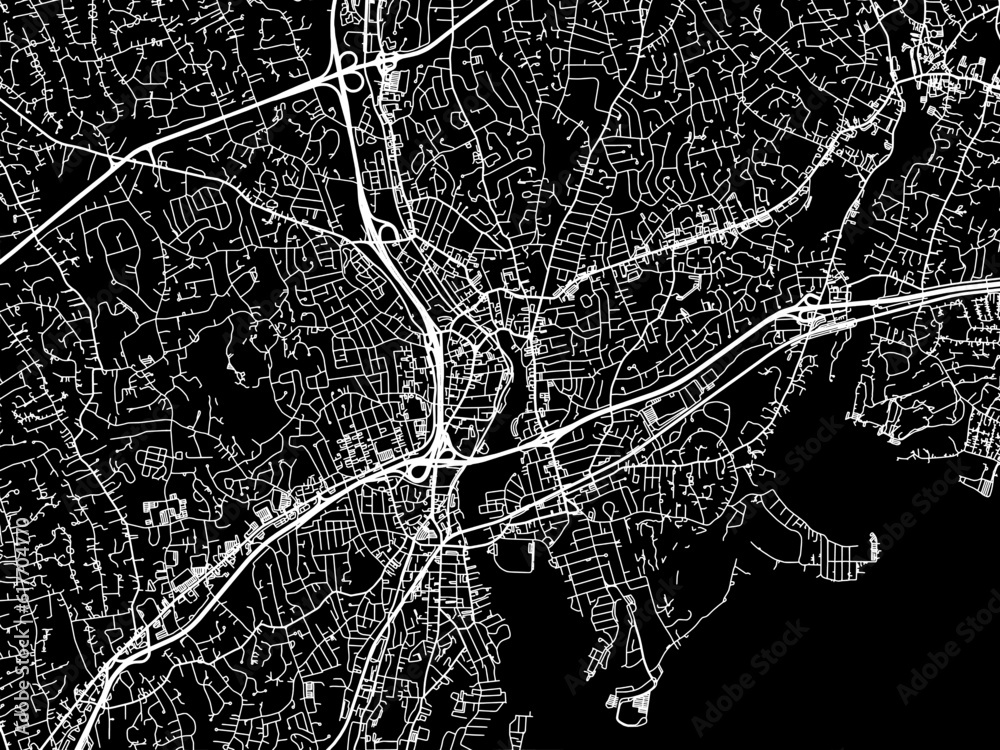 Vector road map of the city of  Norwalk Connecticut in the United States of America with white roads on a black background.