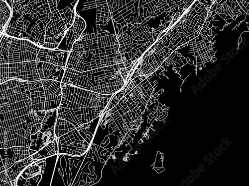 Vector road map of the city of  New Rochelle New York in the United States of America with white roads on a black background.