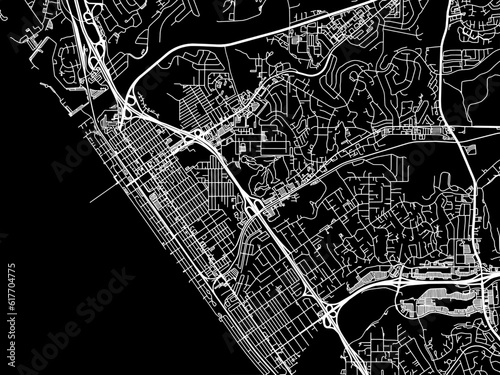 Vector road map of the city of  Oceanside California in the United States of America with white roads on a black background.