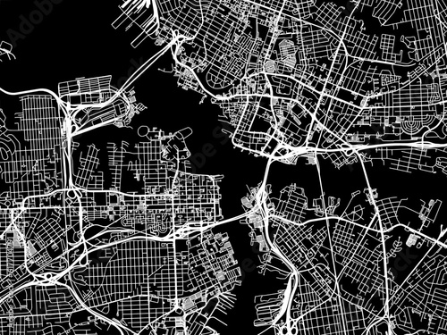 Vector road map of the city of Norfolk - Portsmouth Center Virginia in the United States of America with white roads on a black background.