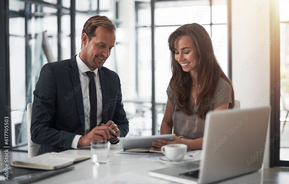 Fototapeta premium Laptop, collaboration or coaching with a mentor and employee in the boardroom for an introduction to the business. Teamwork, training or partnership with a male manager talking to a woman colleague
