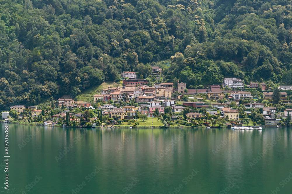 Panoramic view of Carabietta, a fraction of the Swiss municipality of Collina d'Oro, in the Canton of Ticino (district of Lugano), Switzerland