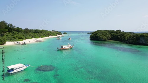 Okinawa, Japan: Aerial drone footage of the stunning Kabira Bay landscape in ishigaki island in Okinawa in the Pacific ocean in Japan.  photo