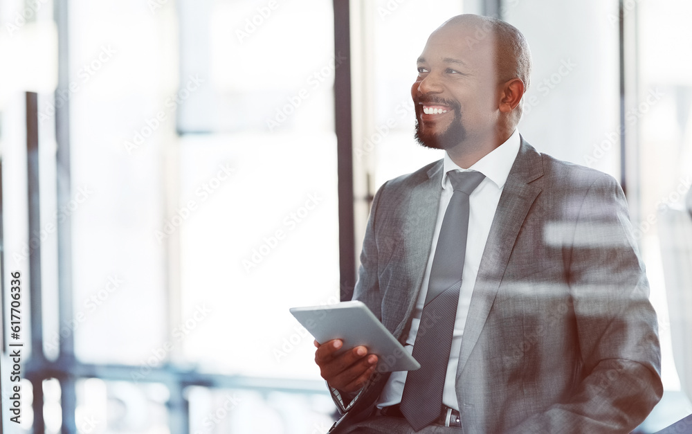 Tablet, accountant and thinking black man in office for business app, research email or online browsing. Happy, technology and corporate African auditor with idea, planning and vision for company.