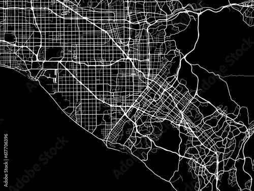 Vector road map of the city of  Orange County California in the United States of America with white roads on a black background.