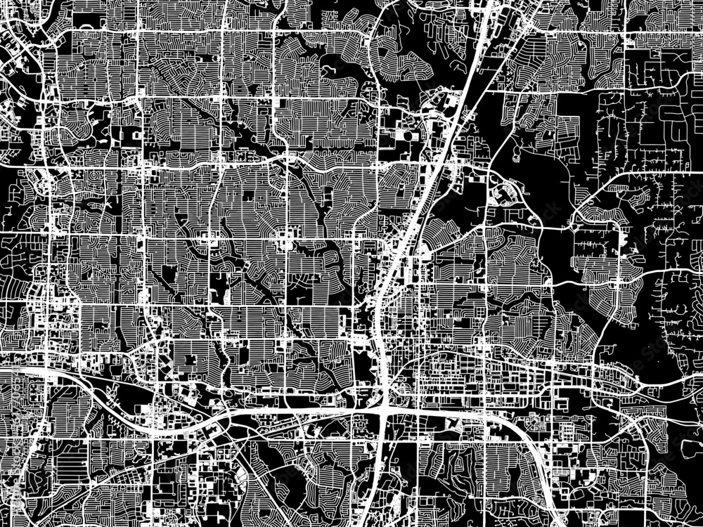 Vector road map of the city of  Plano Texas in the United States of America with white roads on a black background.