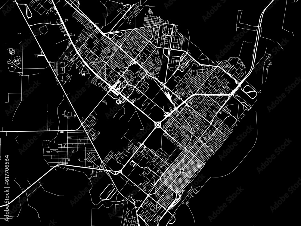 Vector road map of the city of  Port Arthur Texas in the United States of America with white roads on a black background.