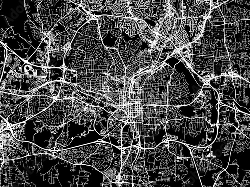 Vector road map of the city of  Raleigh North Carolina in the United States of America with white roads on a black background.
