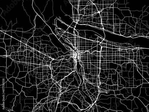 Vector road map of the city of  Portland Oregon in the United States of America with white roads on a black background.