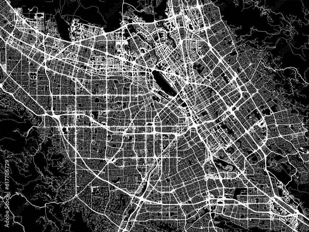 Vector road map of the city of  San Jose California in the United States of America with white roads on a black background.