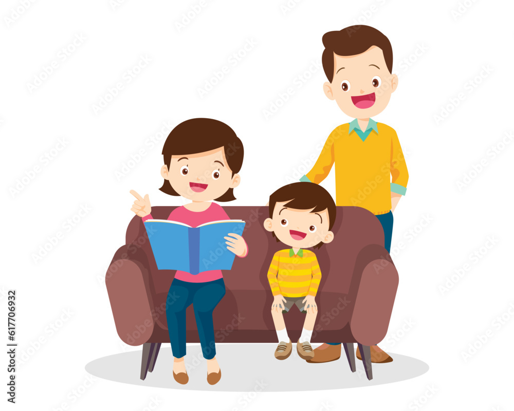family and boy reading book