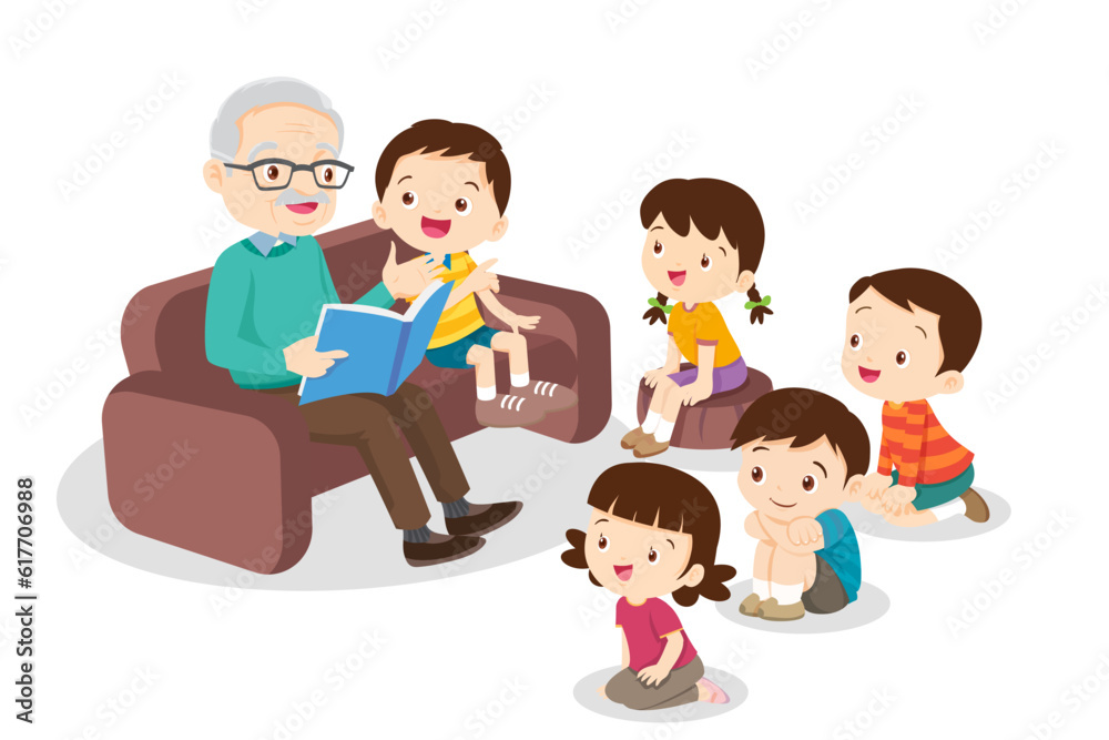 children listen dad mom grandparents reading book on sofa