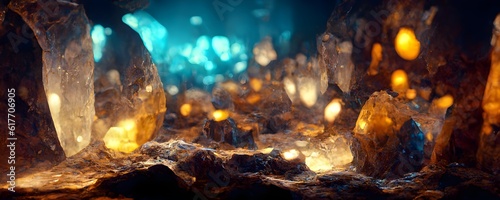 abstract cave with cristal and glass transparent particles luminous particles redshift render octane render 4k render UHD 