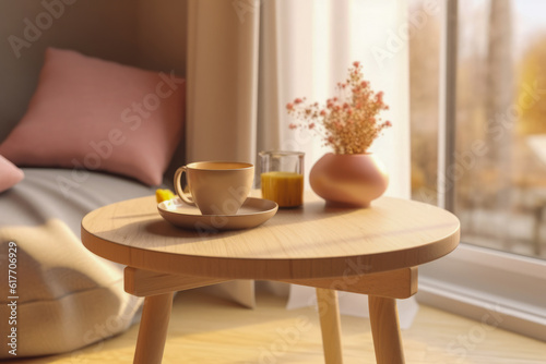 a close-up shot of a single cozy coffee table set place in a living room  sweet and minimal