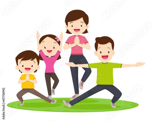 Happy Family Sport Activity. Mother, Father and Kid Doing Morning Exercising at Home