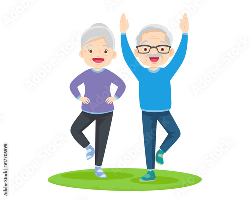 Elderly couple practicing yoga. Active Grandparents doing exercises