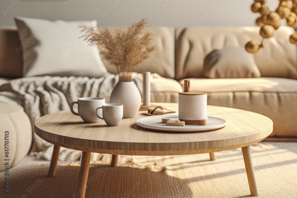a close-up shot of a single cozy coffee table set place in a living room, sweet and minimal a close-up shot of a single cozy coffee table set place in a living room, sweet and minimal