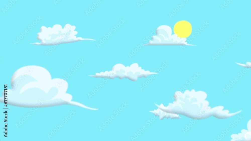 4K animated cartoon skyscape with fluffy clouds drifting right to left against a blue sky and a bright sun. 4K animated cartoon skyscape with fluffy clouds drifting right to left against a blue sky and a bright sun.