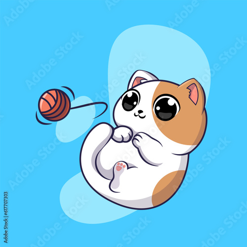 cute cat playing yarn ball cartoon vector icon illustration
