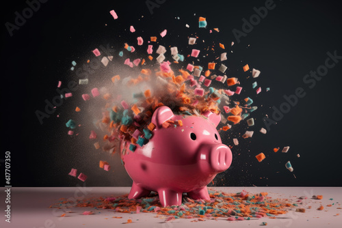 Piggy bank explodes on a black background, money saving concept, AI Generated