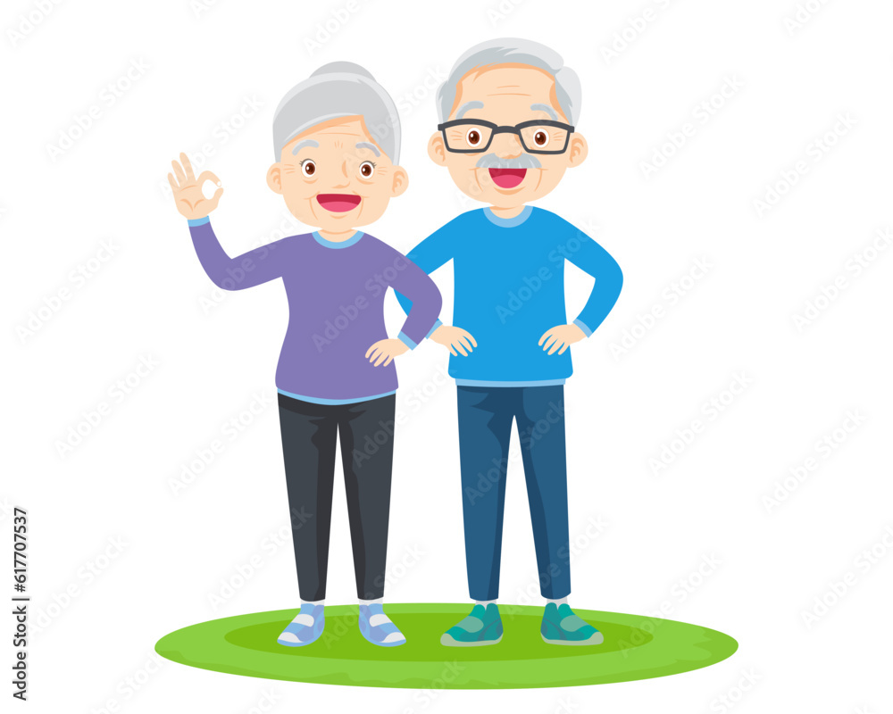 Elderly couple practicing yoga. Active Grandparents doing exercises