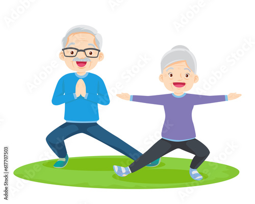 Elderly couple practicing yoga. Active Grandparents doing exercises