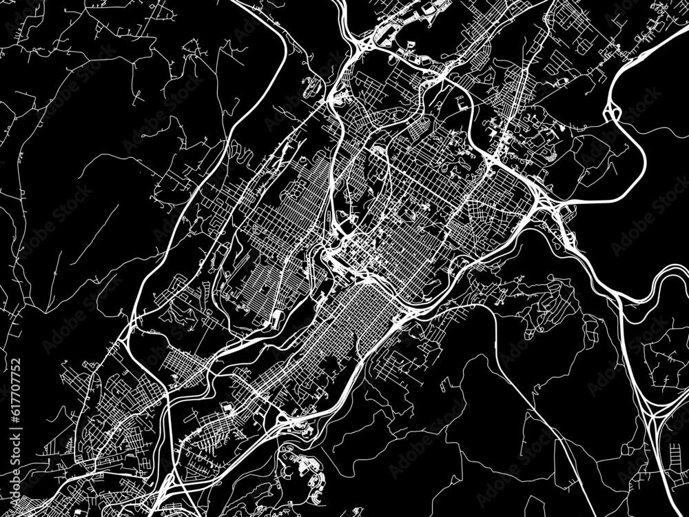 Vector road map of the city of  Scranton Pennsylvania in the United States of America with white roads on a black background.