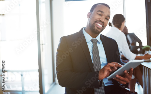 Accountant, portrait and black man with tablet in office for business, research or online browsing. Face, technology and smile of corporate African auditor, happy person or professional in company.