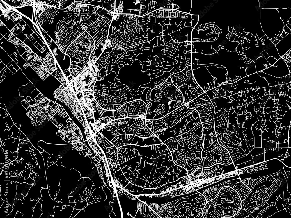 Vector road map of the city of  Temecula California in the United States of America with white roads on a black background.
