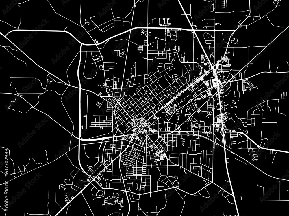 Vector road map of the city of  Thomasville Georgia in the United States of America with white roads on a black background.