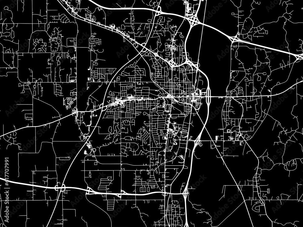 Vector road map of the city of  Tupelo Mississippi in the United States of America with white roads on a black background.