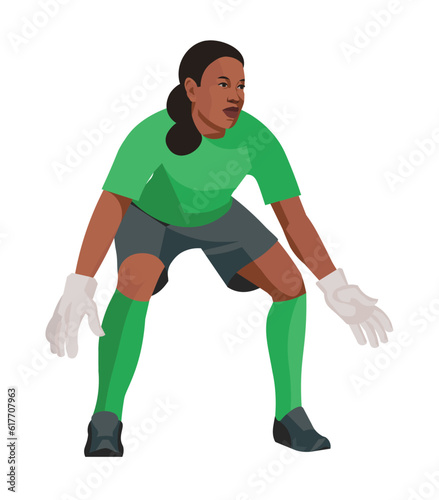 Black women's football girl goalkeeper stands in front of the goal with legs bent waiting for the ball
