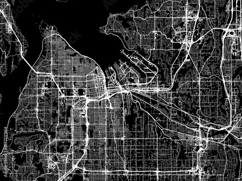 Vector road map of the city of  Tacoma Washington in the United States of America with white roads on a black background.